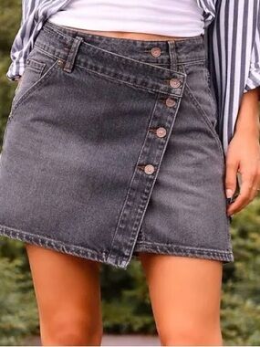 We The Free Washed Gray Denim Mini Skirt